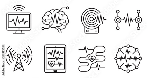 Technology and healthcare icons featuring monitor brain waves and signals.