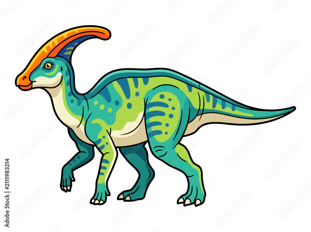Fototapeta premium An illustration of a cartoon dinosaur with a large crest on its head and colorful green and blue skin.