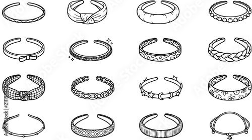 Foto Black and White Line Art Collection of Fashionable Bracelets and Bangles, Jewelr