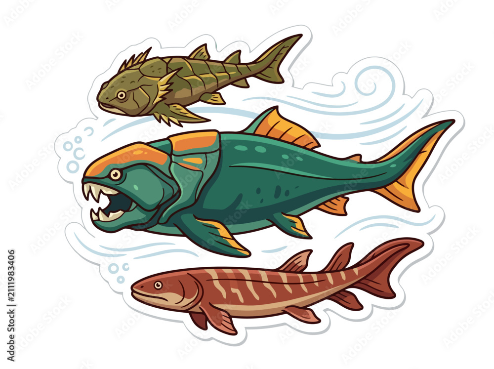 Fototapeta premium Illustration of three prehistoric placoderm fish including Dunkleosteus swimming together.