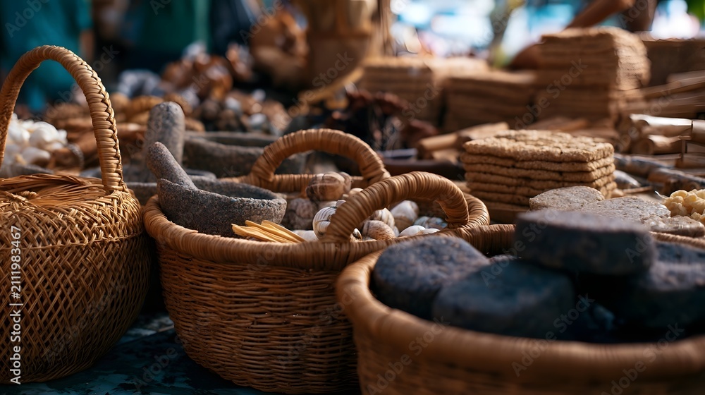 Obraz premium Woven baskets filled with assorted dried goods and spices arranged on a market stall surface