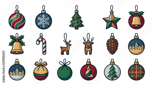 Collection of Christmas Ornaments and Decorations for Holiday Celebration.