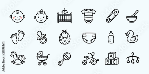 Baby Care Nursery and Toy Line Art Vector Icon Set