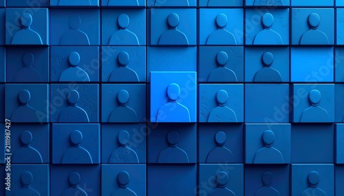 Highlighted blue user profile within a monochrome grid, illustrating candidate identification, recruitment strategy, talent management, and human resources concepts.