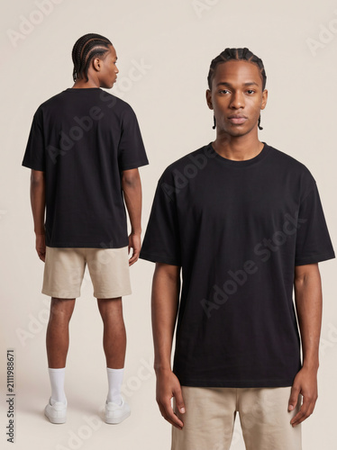 Man wearing blank black t-shirt mockup front and back