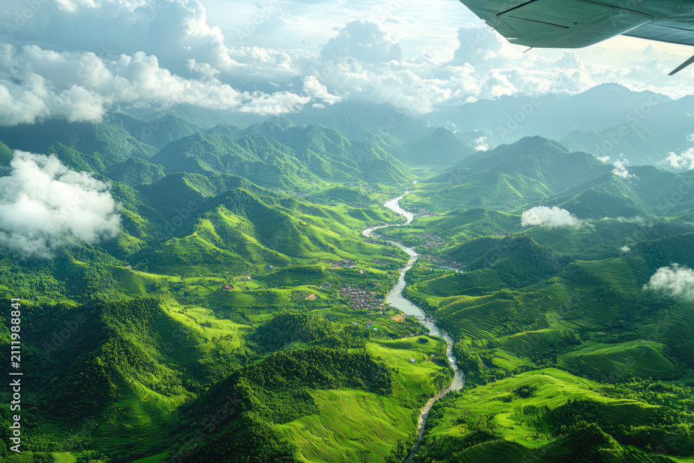 Fototapeta premium A Plane Piercing Clouds to Reveal Guizhou's Hidden Splendor