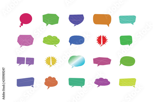 Colorful speech bubble set with 20 textured vector icons, vibrant comic chat clouds for social media, hand drawn style dialogue balloons