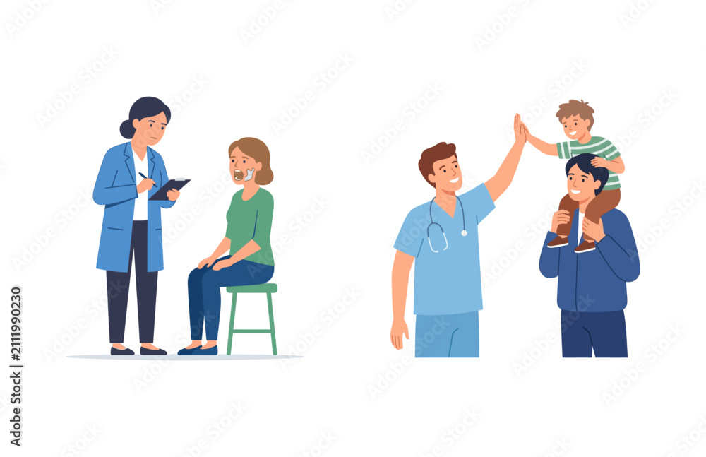 Fototapeta premium Doctor examining patient and friendly male pediatrician giving high five to happy child