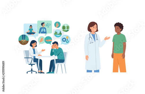 Doctor counseling stressed patient and talking to a young boy in a medical setting