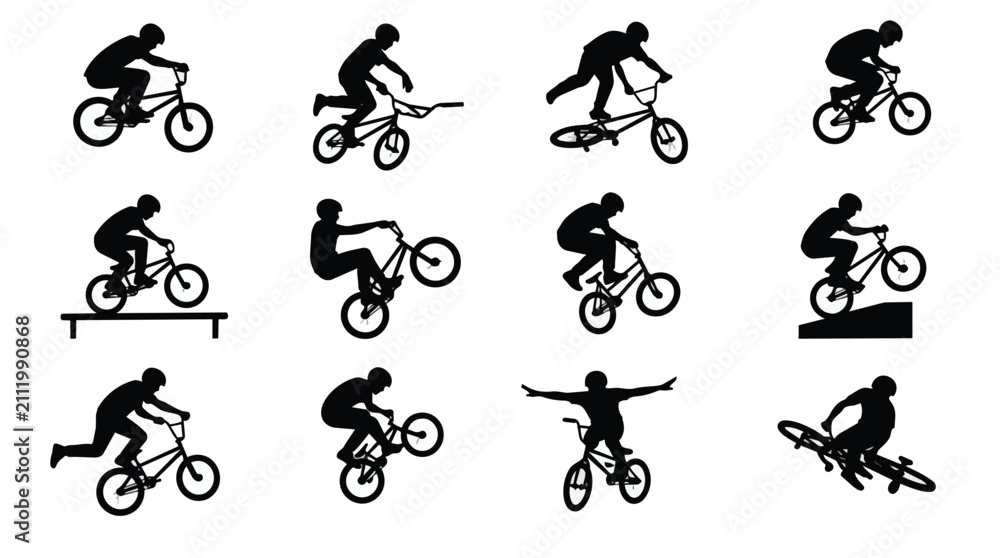 Obraz premium Extreme BMX Riders Silhouettes Performing Dynamic Bicycle Stunts and Tricks