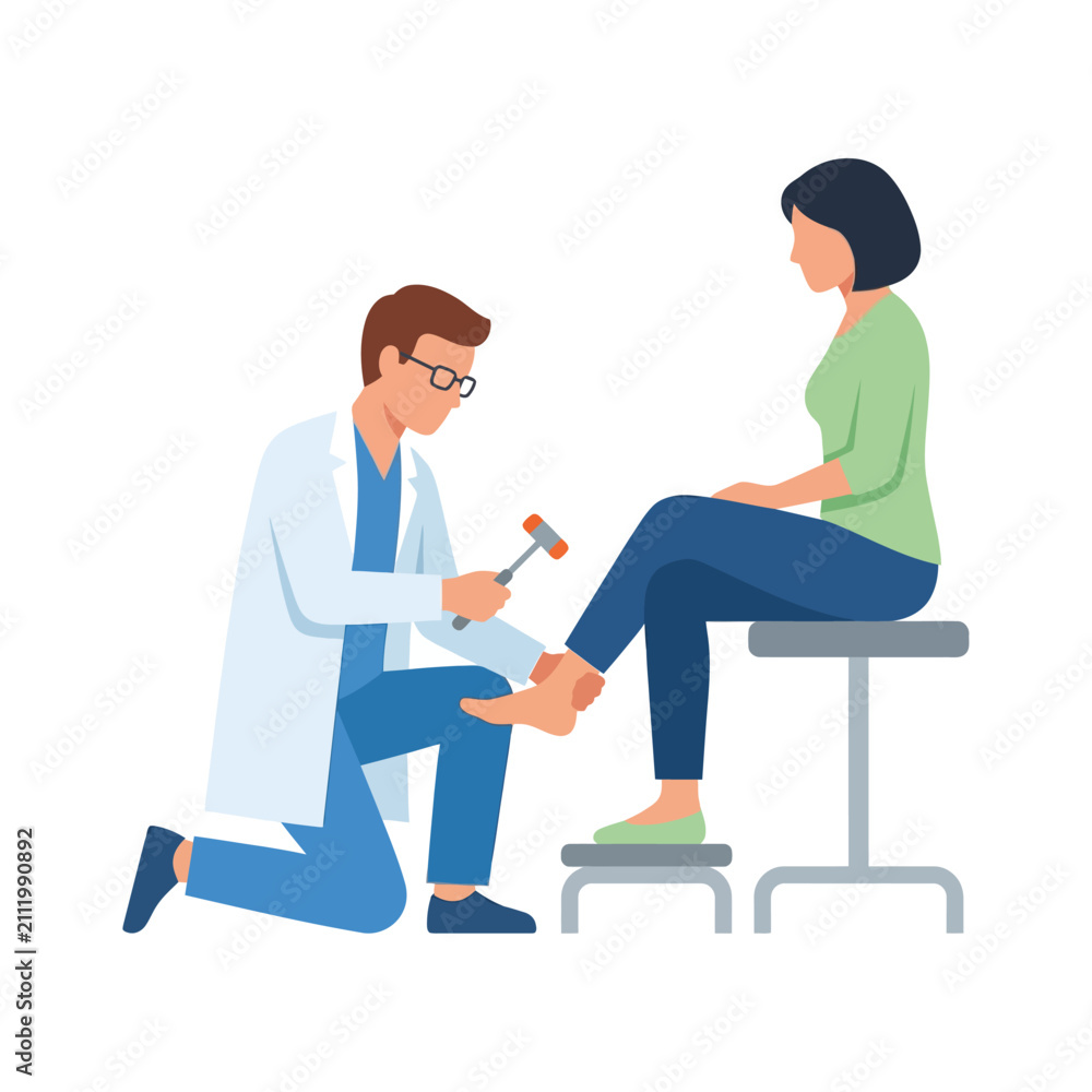 Obraz premium Doctor performing a neurological reflex test on a female patient using a percussion hammer