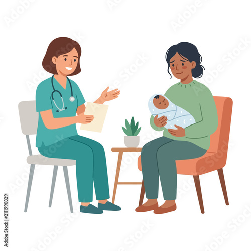 New mother suffering from postpartum depression consulting a doctor for mental health support