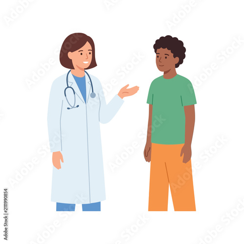 Friendly female doctor in a white coat consulting and talking to a young boy patient