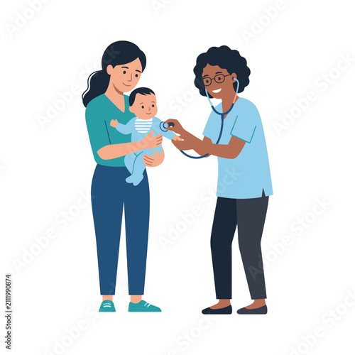 Mother holding her baby while a pediatrician examines the child with a stethoscope in a clinic