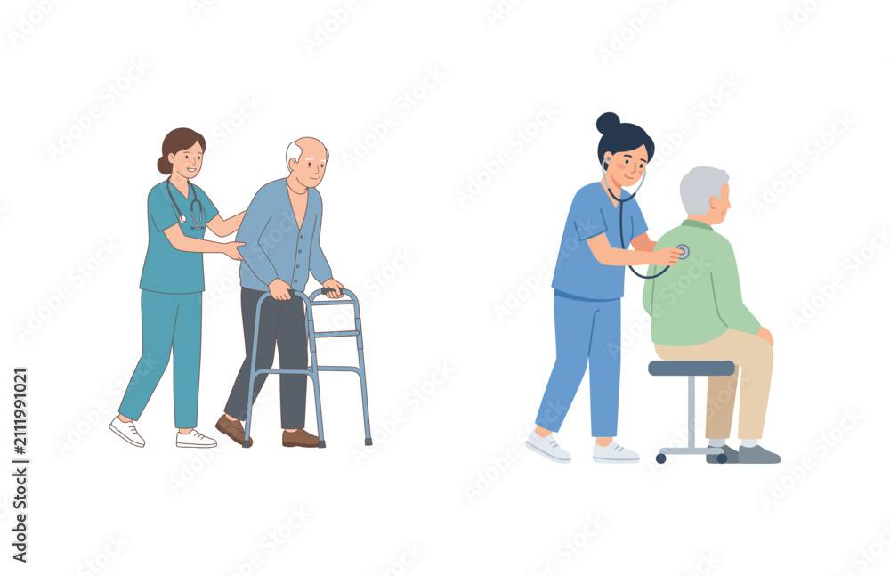 Fototapeta premium Caregiver supporting elderly man with walker and doctor examining senior patient health