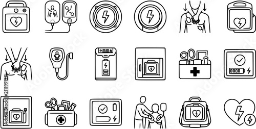 Obraz na plátně Medical Emergency AED Defibrillator and First Aid Line Art Icons Set