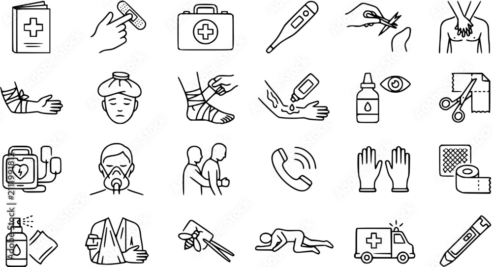 Fototapeta premium First Aid Medical Emergency Icons Set in Black White Line Art Style