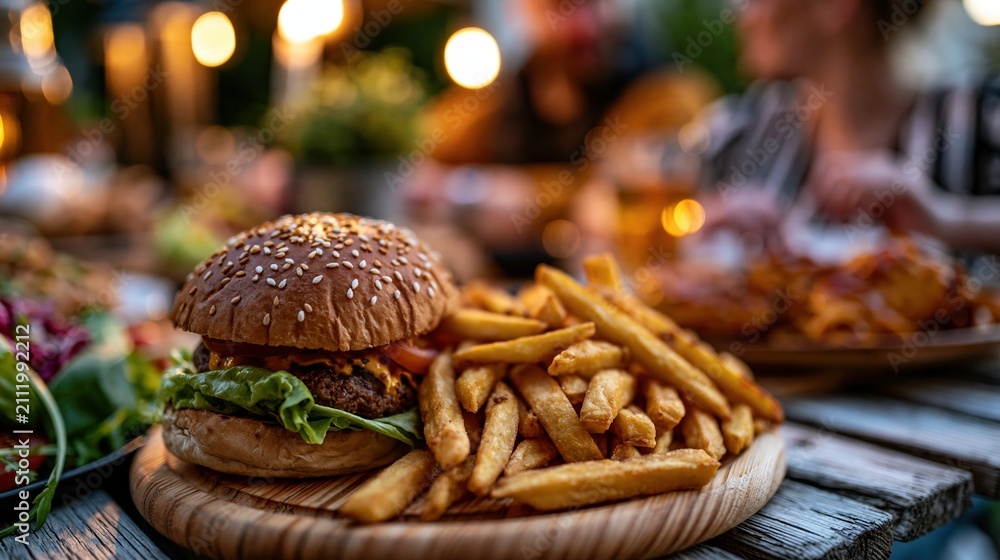 Fototapeta premium Burger and fries on rustic table during relaxed outdoor dinner with friends