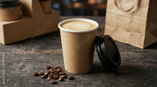 Aromatic hot latte in a disposable paper cup on a rustic wooden table with scattered beans and a delivery bag, showcasing high quality coffee branding for morning cafes and sustainable food