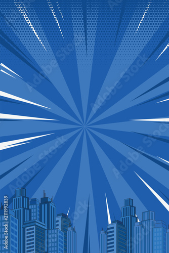 Retro Comic Blue City Silhouette Backdrop