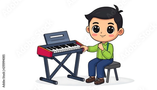 Young boy working on laptop at desk.