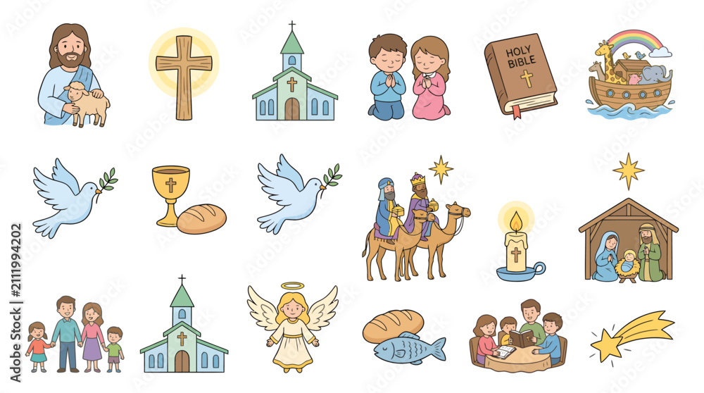 Naklejka premium Collection of hand drawn christian religious icons and symbols.
