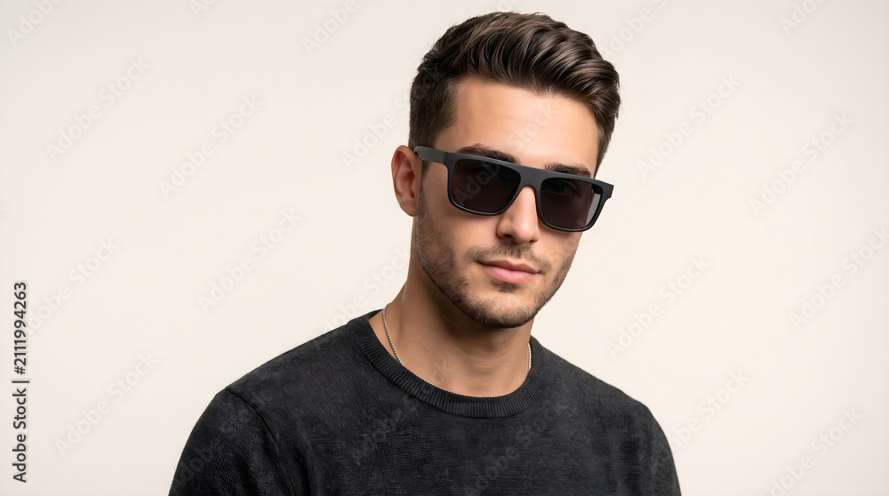 Obraz premium Young man wearing black sunglasses and gray sweater