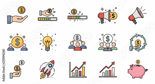 Vector illustration of diverse business and productivity icons.