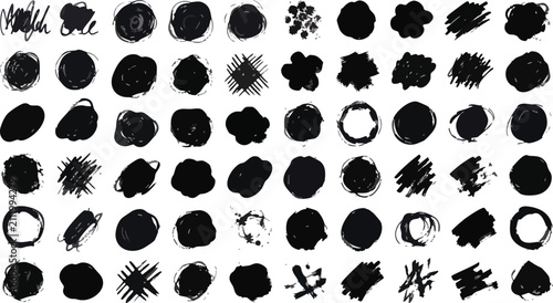 Collection of black hand drawn circular ink blots and paint blobs on transparent grid