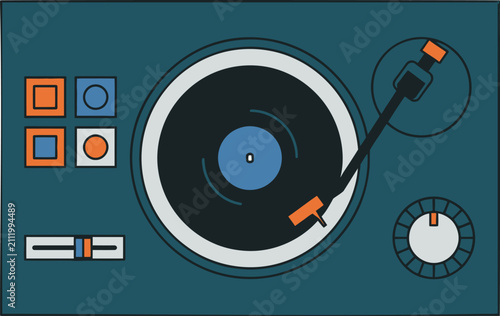 Retro Turntable Playing Vinyl Record with Stylus and Controls.