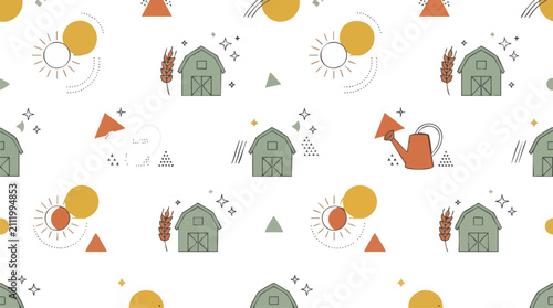 Foto Farm life seamless pattern with barn building watering can and wheat