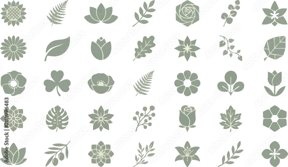 Fototapeta premium Set of flat sage green flower and plant icons on transparent background