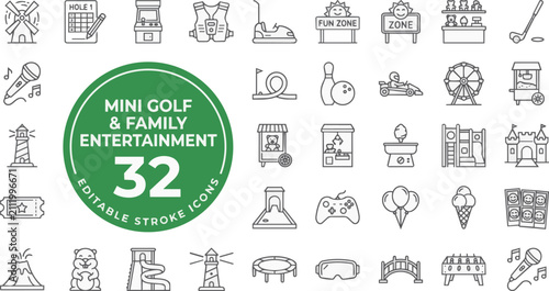 Cuadro en lienzo Mini golf and family entertainment line icon set on transparent background Editable Stroke