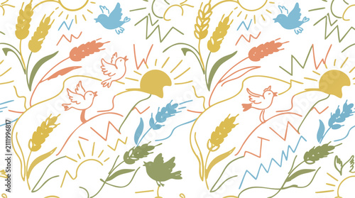 Summer harvest seamless pattern with sun wheat stalks and birds on transparent background