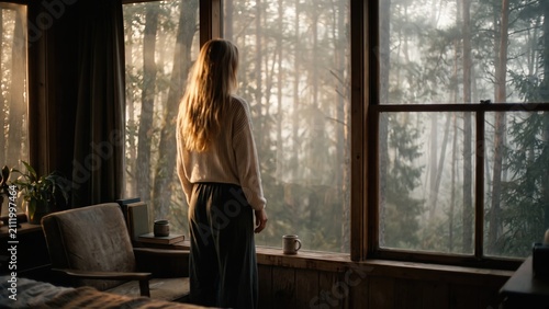 Woman Gazing at Misty Forest