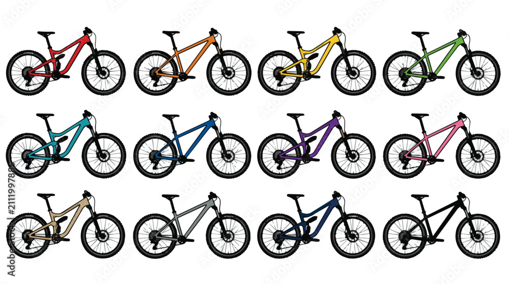 Naklejka premium Colorful illustrated mountain bikes collection, various styles on white.