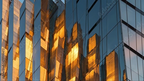 Building Reflections Under a Bright Sky in a Busy City During Sunset
