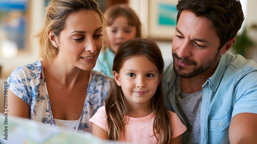 Obraz premium A family of four looking at a map together indoors smiling and engaged in planning an outing