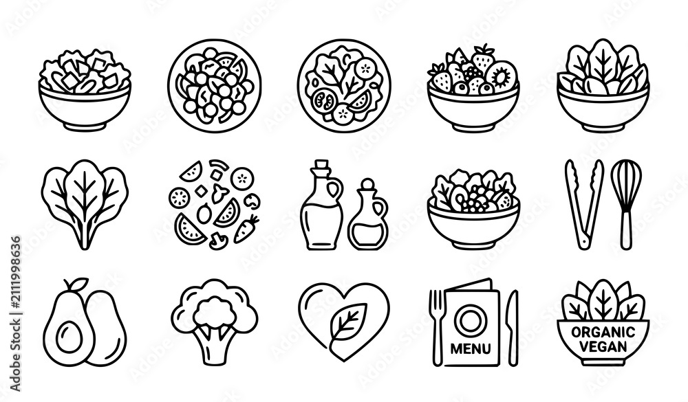 Obraz premium Healthy Salad and Vegan Food Icon Set with Bowl Vegetable and Organic Label Symbols for Diet and Nutrition Design