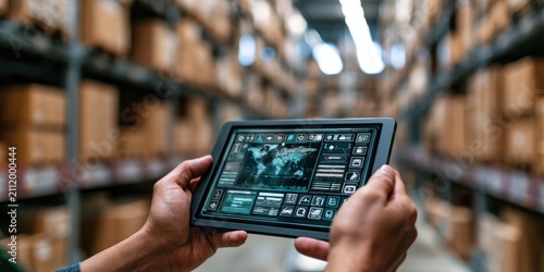 Warehouse worker using tablet for inventory management and logistics.