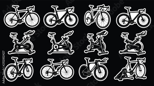 Road Bikes and Stationary Exercise Bike Illustrated Icon Set