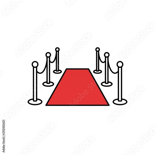 Red carpet with velvet rope stanchions line art icon for VIP entry, Hollywood premiere, celebrity award show, gala event, and grand opening concept isolated on white background.