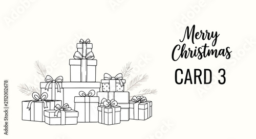 Quadro su tela Christmas card with festive village illustration and snowflakes.