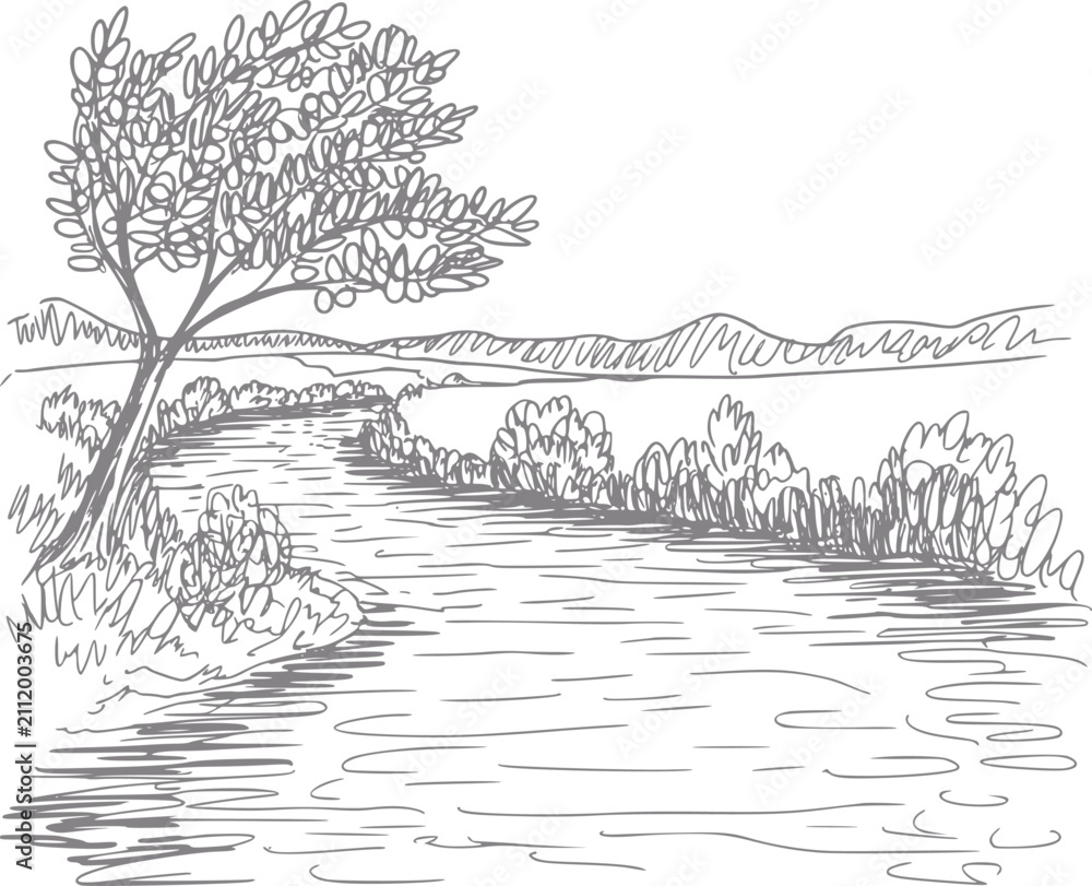 Obraz premium Un dibujo a mano pacífico de un río serpenteante que fluye a través de un paisaje escénico con un árbol y montañas