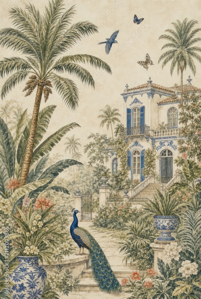 Obraz premium Tropical garden villa with peacock, palm trees, butterflies, and blue accents