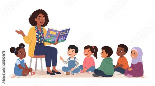 Diverse teacher reading storybook to children. Preschool educator teaching diverse kids.