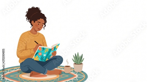 Woman writing in a journal. Female student studying in a cozy home setting.