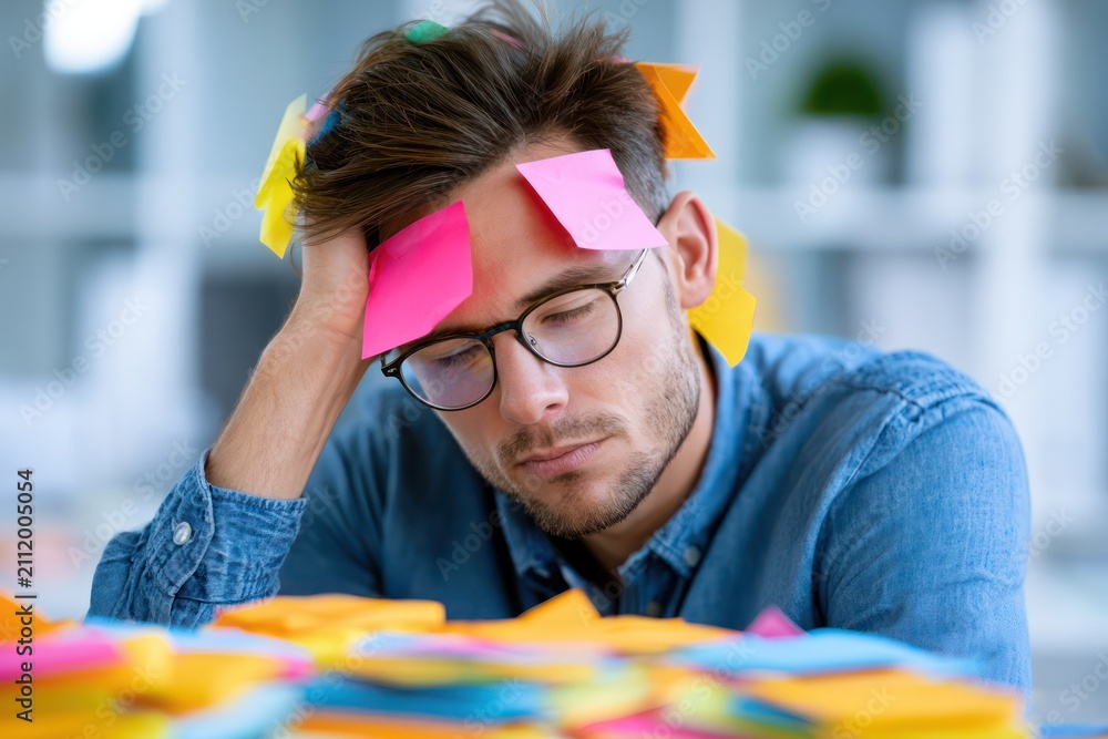 Obraz premium Exhausted corporate worker with endless sticky memo tasks