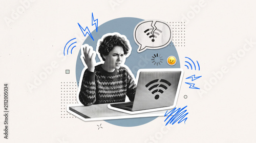 Frustrated woman dealing with slow internet connection and broken wifi signal halftone collage elements. Trendy retro vintage dot texture stickers with computer loading icon and doodle graphics.