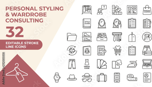 Cuadro en lienzo Personal styling and wardrobe consulting line icon set on transparent background Editable Stroke